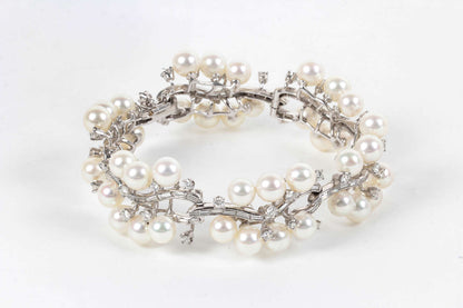 Rare Mid-Century Pearl Diamond Platinum Link Bracelet