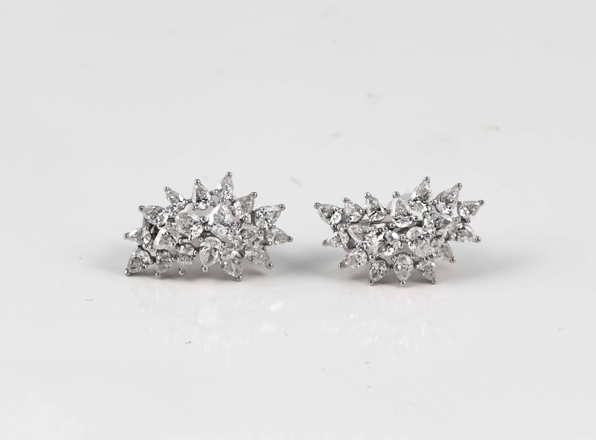 Elegant 3.42ct Pear Shape Diamond Cluster Clip-On Earrings 18k White Gold