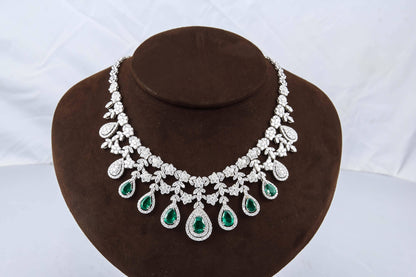 Exquisite Emerald and Diamond Tiara Style 18k White Gold Necklace