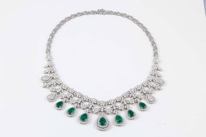 Exquisite Emerald and Diamond Tiara Style 18k White Gold Necklace