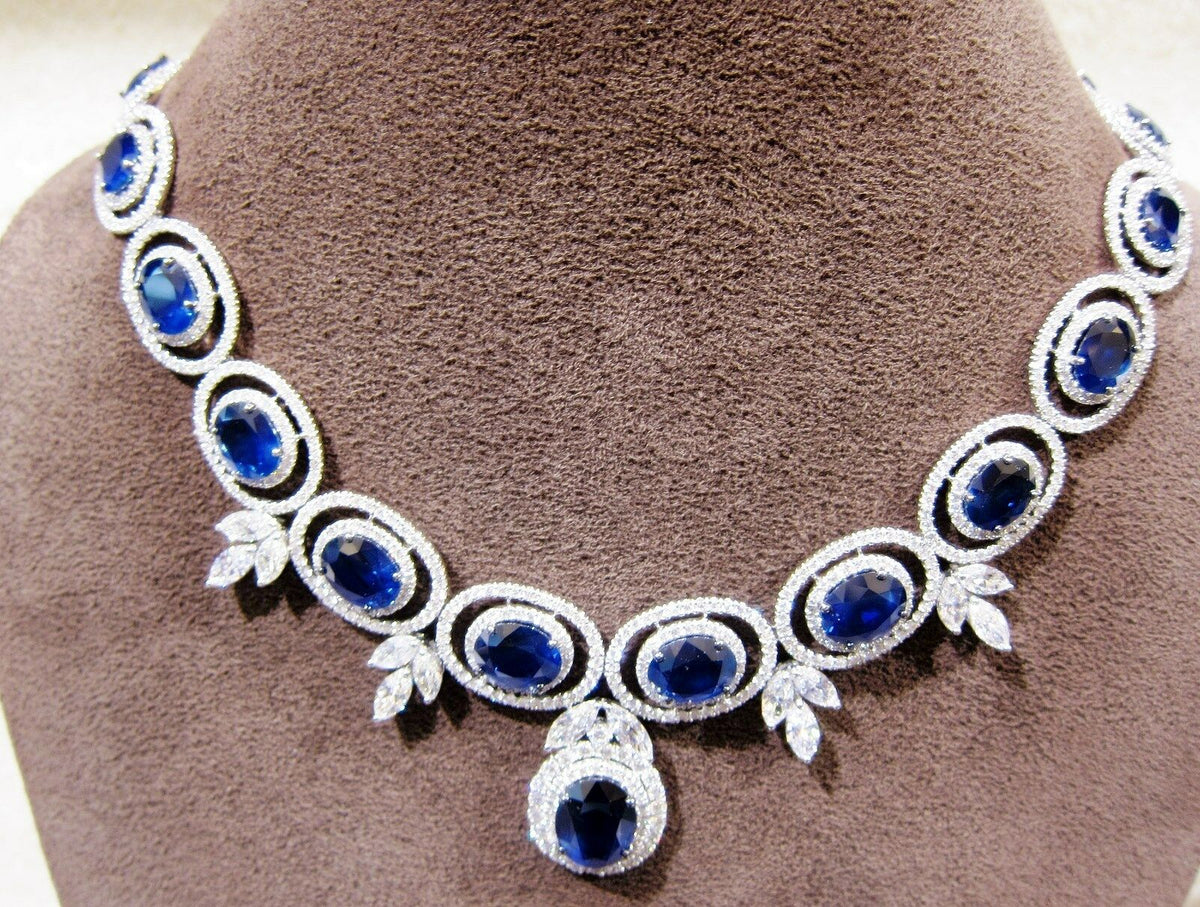 SAPPHIRE OVAL SHAPE ALL GEMSTONE NECKLACE DIAMOND ROUND MARQUISE SET NECKLACE