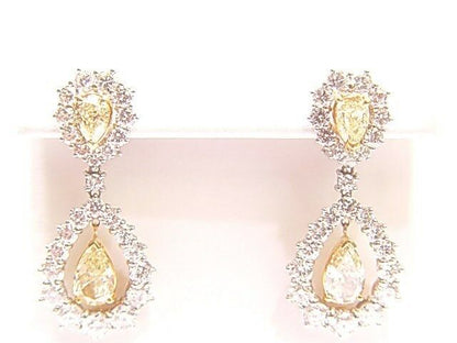 CERTIFIED FANCY YELLOW DIAMOND DANGLE NATURAL PEAR SHAPE DIAMOND EARRING DNAGLE