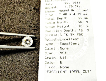 EGL CERTIFIED DIAMOND ROUND BRILLIANT DIAMOND E VS1 LOOSE DIAMOND 1.70 CT TOTAL