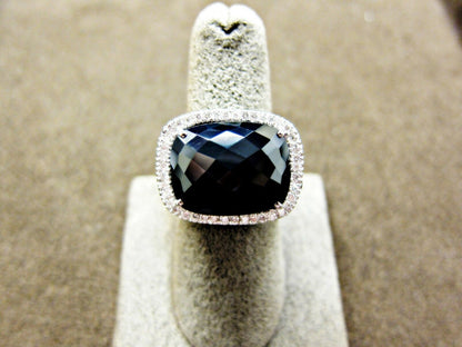 ONYX CUSHION FACETED CENTER DIAMOND 3.40 CT ROUND BLACK AND WHITE SIDE SET RING