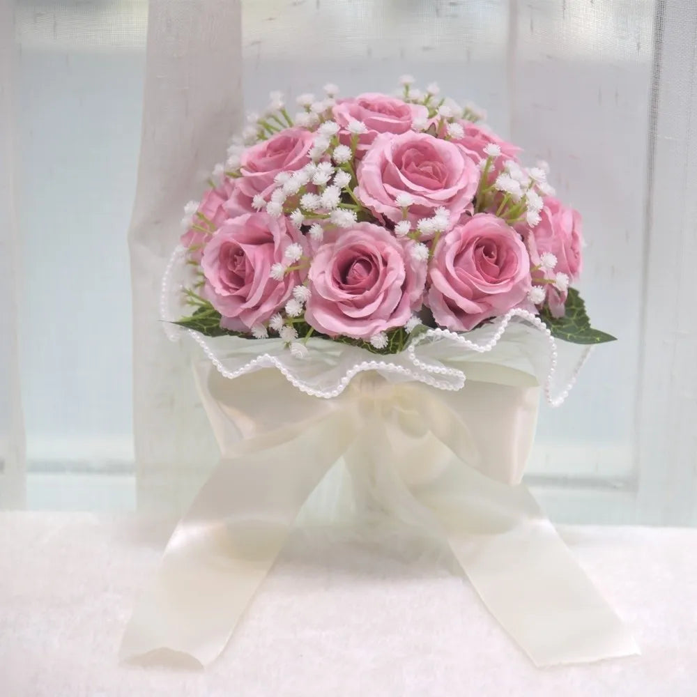 Baby's Breath Romantic Wedding Bouquets Artificial Silk Flowers Exquisite Bridal Bouquet Ribbon Pearl Lace White Rose Bouquet
