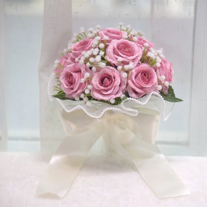 Baby's Breath Romantic Wedding Bouquets Artificial Silk Flowers Exquisite Bridal Bouquet Ribbon Pearl Lace White Rose Bouquet