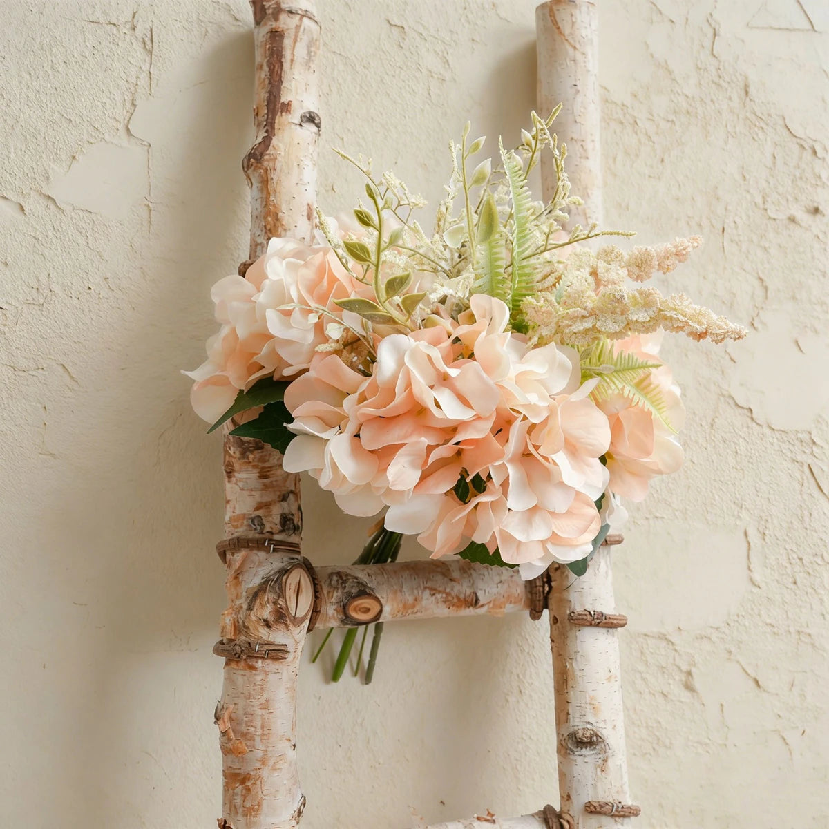 Artificial Champagne Pink Hydrangea Bouquet, Fake Silk Flower with Greenery, Home Wedding Table Centerpiece, Bridesmaid Bouquet