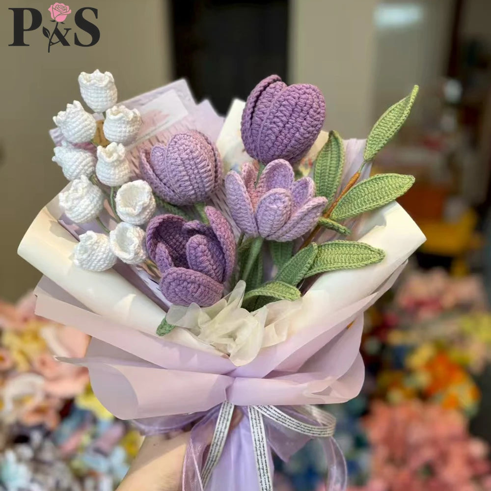 Tulips Crochet Flower Bouquet Handmade Luxury Purple Knitted Finished Artifical Flowers Wedding Home Decoration Gifts for Mother