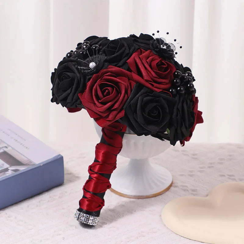 Yannew Black Burgundy Gothic Bridal Bouquets for Bride Bridesmaids Artifiicial Silk Foam Roses Flower Wedding Bouquet Halloween