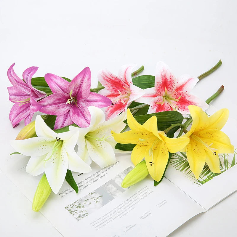 Artificial Silk Flowers Fake Lily Bouquet 41cm Long DIY Creative Two Flowers One Bud Branch Home Decoration Arrangement Flower
