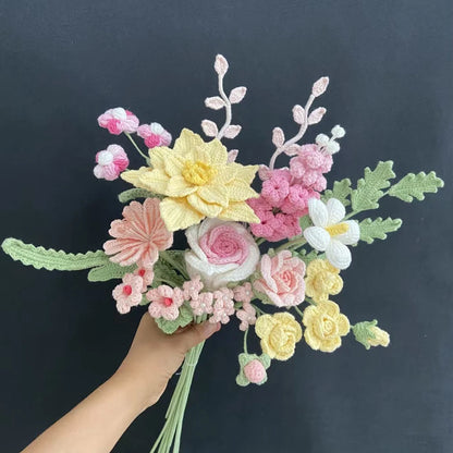 Crochet Flowers Bouquet Handmade Luxury Artifical Flowers Peony Tulip Rose Fake Flowers Wedding Home Decoration Gifts for Lover
