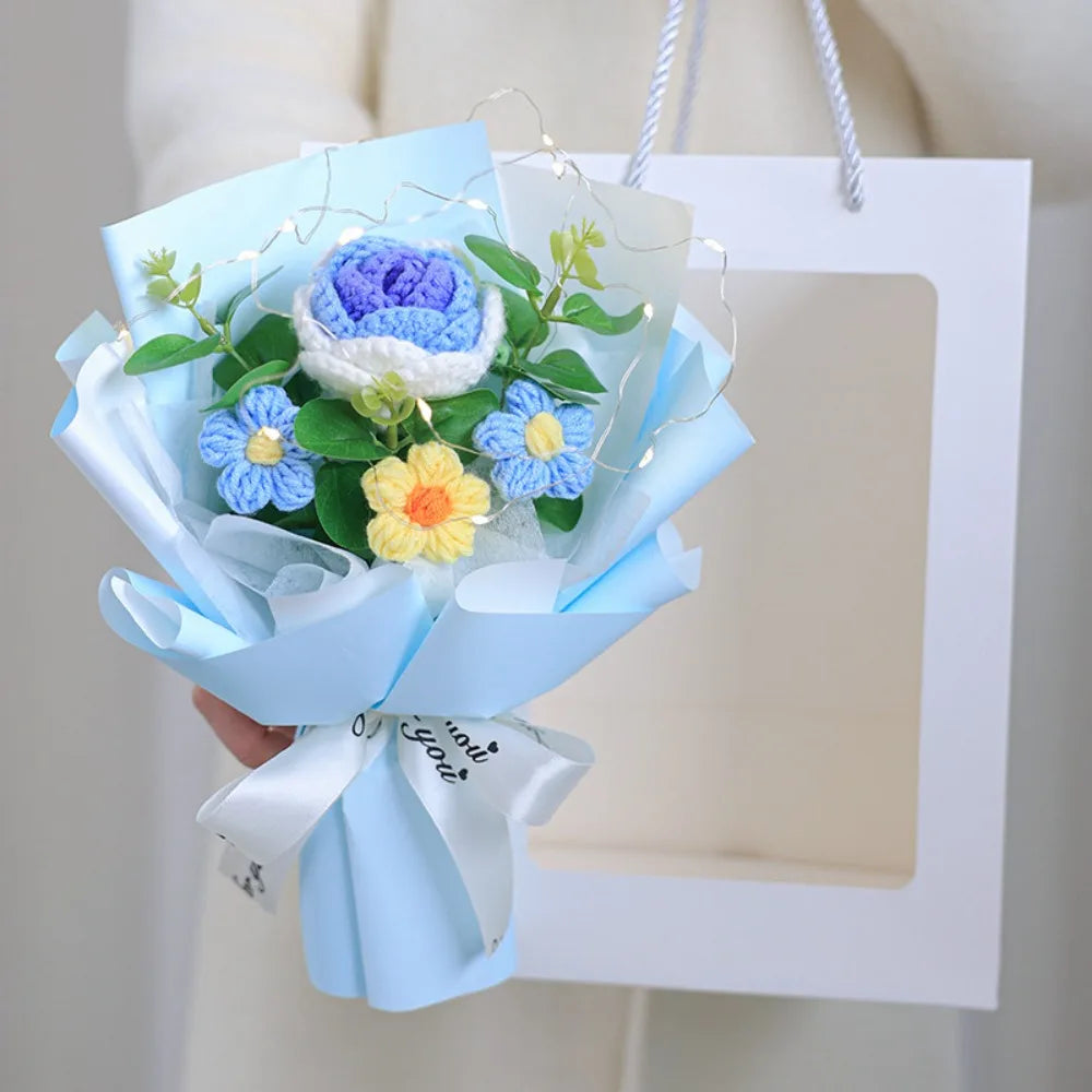 New Cotton Crochet Flower Bouquet Woven With Lamp Knitted Flower Artificial Handmade Artificial Flowers Graduation Gifts