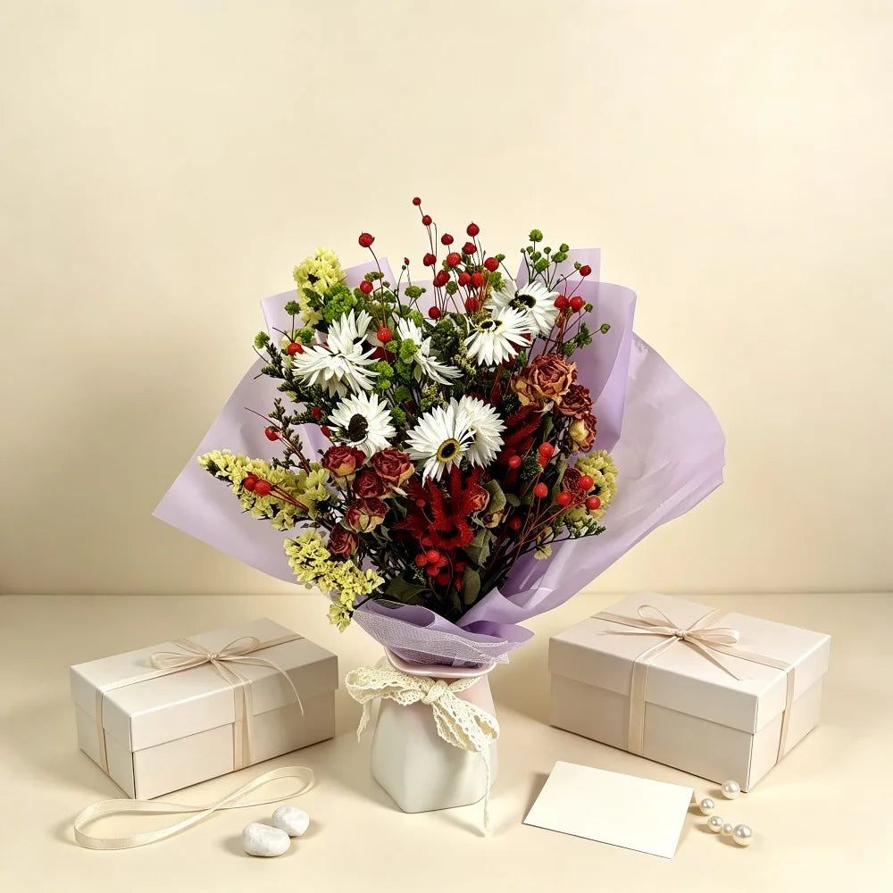 Mixed Natural Dried Flower Bouquet, Dried Rose African Daisy Yellow Statice Lover Grass Acacia Beans Gypsophila, Purple Wrapped Floral, Home Wedding Party Table Decor, Holiday Gift for Women