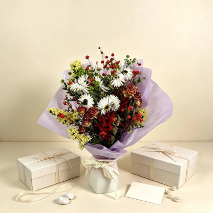 Mixed Natural Dried Flower Bouquet, Dried Rose African Daisy Yellow Statice Lover Grass Acacia Beans Gypsophila, Purple Wrapped Floral, Home Wedding Party Table Decor, Holiday Gift for Women