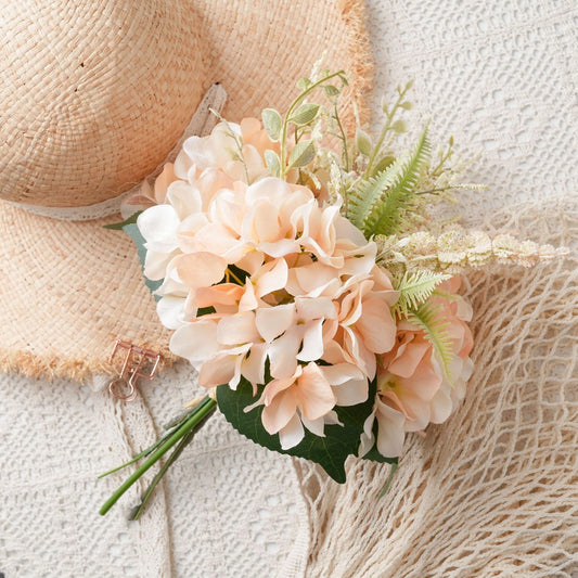 Artificial Champagne Pink Hydrangea Bouquet, Fake Silk Flower with Greenery, Home Wedding Table Centerpiece, Bridesmaid Bouquet