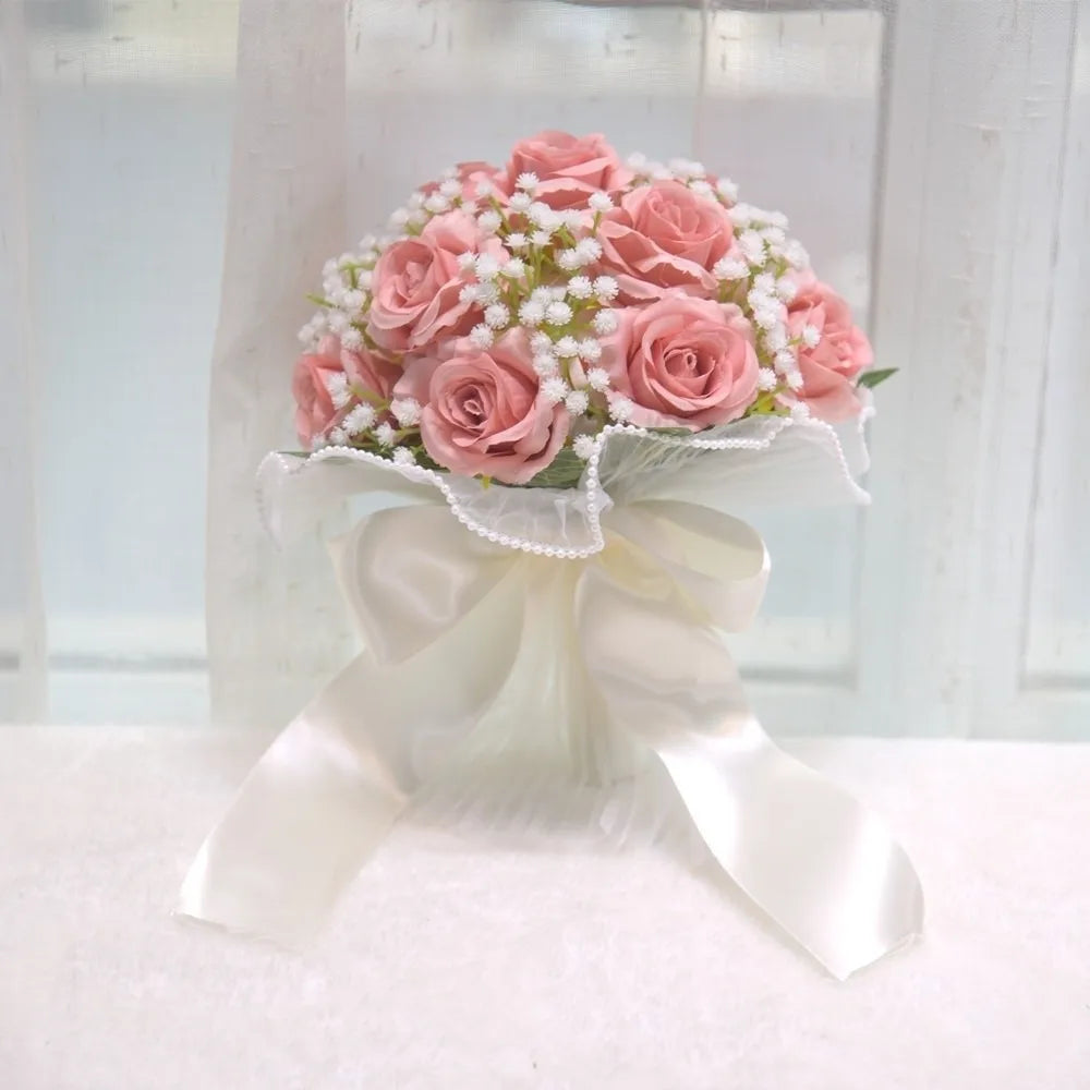 Baby's Breath Romantic Wedding Bouquets Artificial Silk Flowers Exquisite Bridal Bouquet Ribbon Pearl Lace White Rose Bouquet