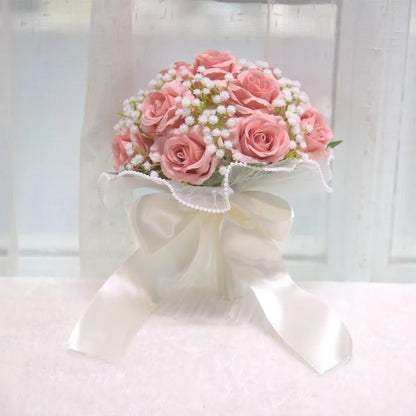 Baby's Breath Romantic Wedding Bouquets Artificial Silk Flowers Exquisite Bridal Bouquet Ribbon Pearl Lace White Rose Bouquet
