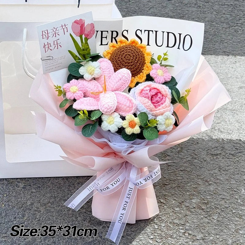 Crochet Flower Bouquet Teachers Day Gift Handmade Knitted Flower Bouquet Finished Handwoven Flower Wedding Flower Christmas Gift