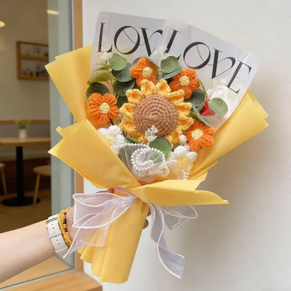 Handmade Finished Crochet Roses Sunflower Carnation Artificial Flower Bouquets Preserved Wedding Birthday Gradation Gifts
