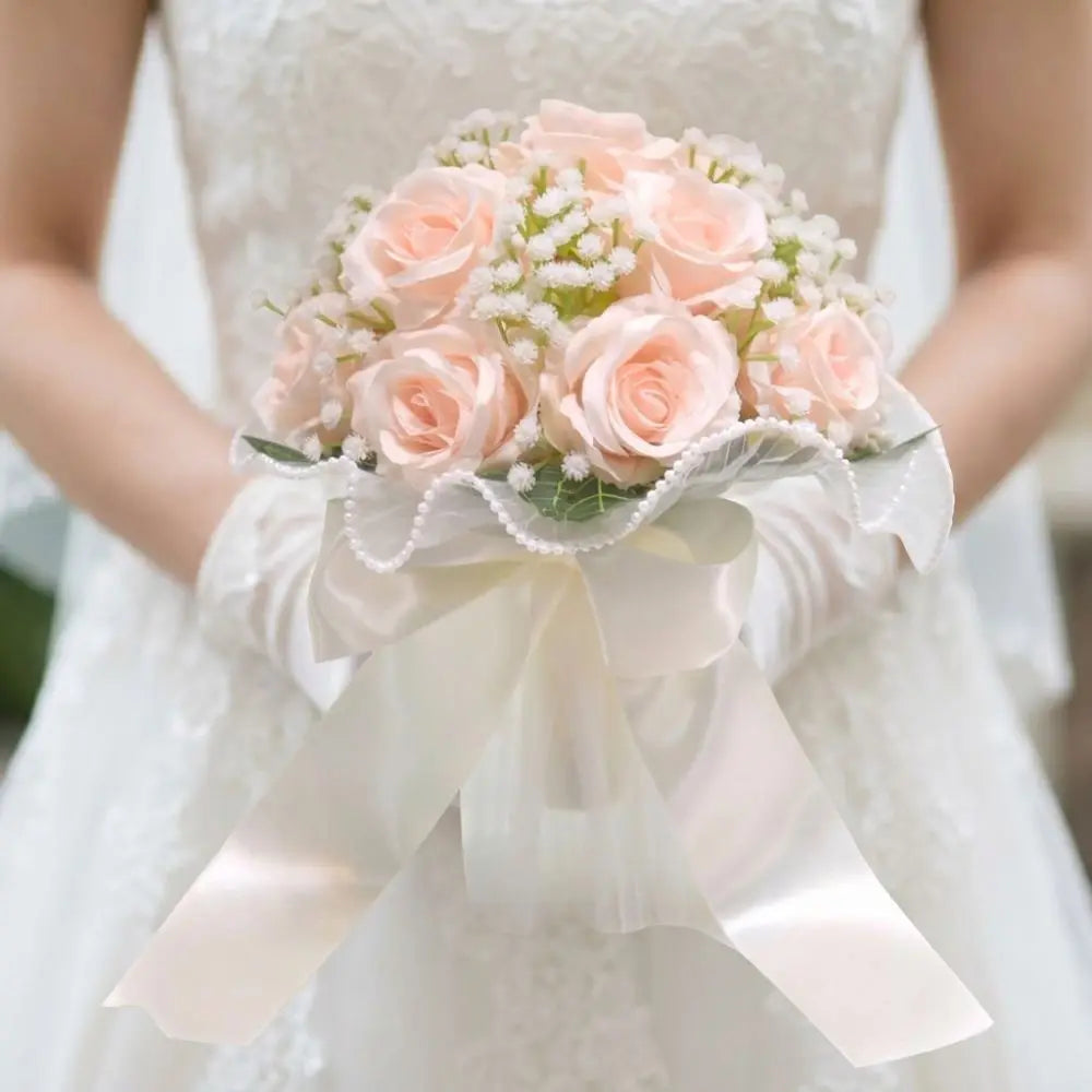 Baby's Breath Romantic Wedding Bouquets Artificial Silk Flowers Exquisite Bridal Bouquet Ribbon Pearl Lace White Rose Bouquet