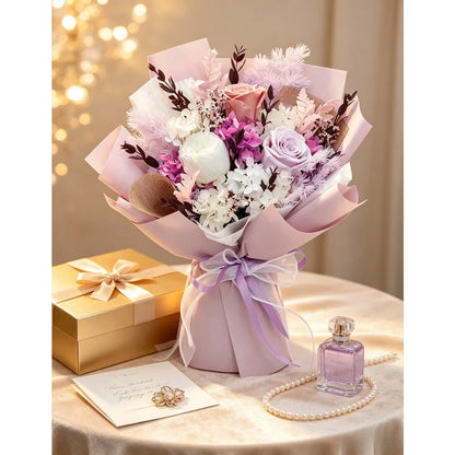Pink‑Purple Mixed Preserved Flower Bouquet, Preserved Rose, Dried Hydrangea & Crystal Grass, Decorative Bouquet Ornament, Romantic Gift for Birthday, Anniversary, Mother's Day, Home Decoration
