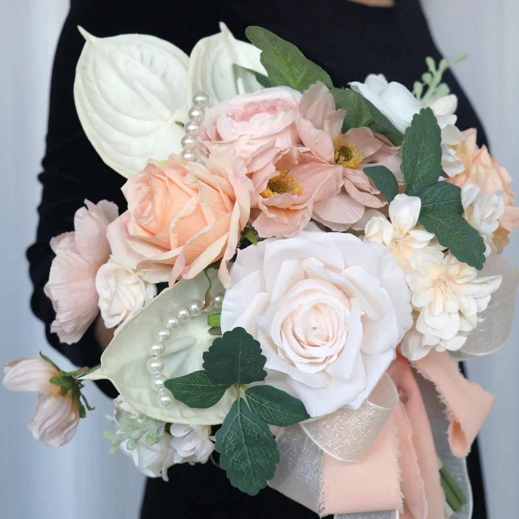 European Bridal Bouquets Wedding Flowers 40*40cm Wedding Accessories Pink with White Flowers Pearls