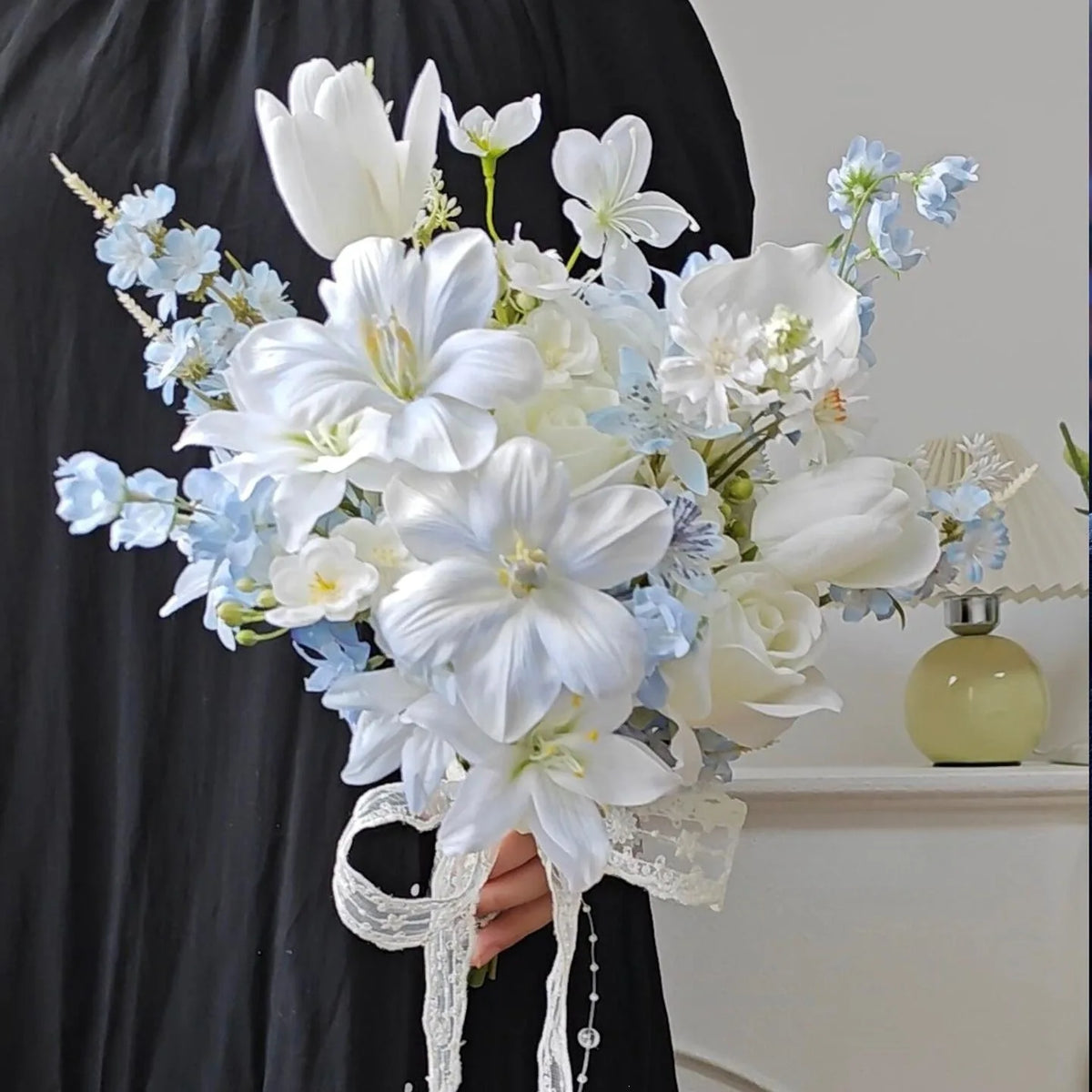 Korean Style Artificial Bridal Hand Bouquet, Tulip Mixed Flower with Ribbon for Wedding Photoshoot, Registry & Party Decor Props