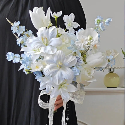 Korean Style Artificial Bridal Hand Bouquet, Tulip Mixed Flower with Ribbon for Wedding Photoshoot, Registry & Party Decor Props