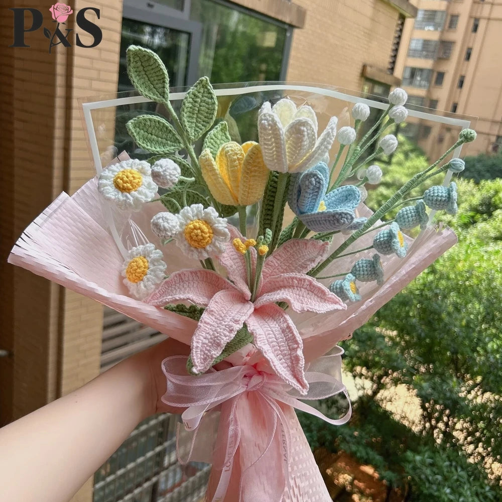 Crochet Flower Bouquet Handmade Knitted Lily Tulip Hyacinth Purple Artifical Flower Home Decoration Gifts for Birthday Wedding