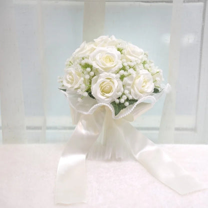 Baby's Breath Romantic Wedding Bouquets Artificial Silk Flowers Exquisite Bridal Bouquet Ribbon Pearl Lace White Rose Bouquet