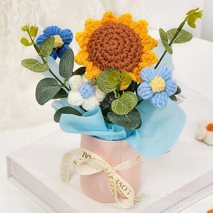 Finished Crochet Sunflowers Potted Artificial Flowers Bouquets Home Table Car Interior Decor Christmas Graduation Birthday Gifts