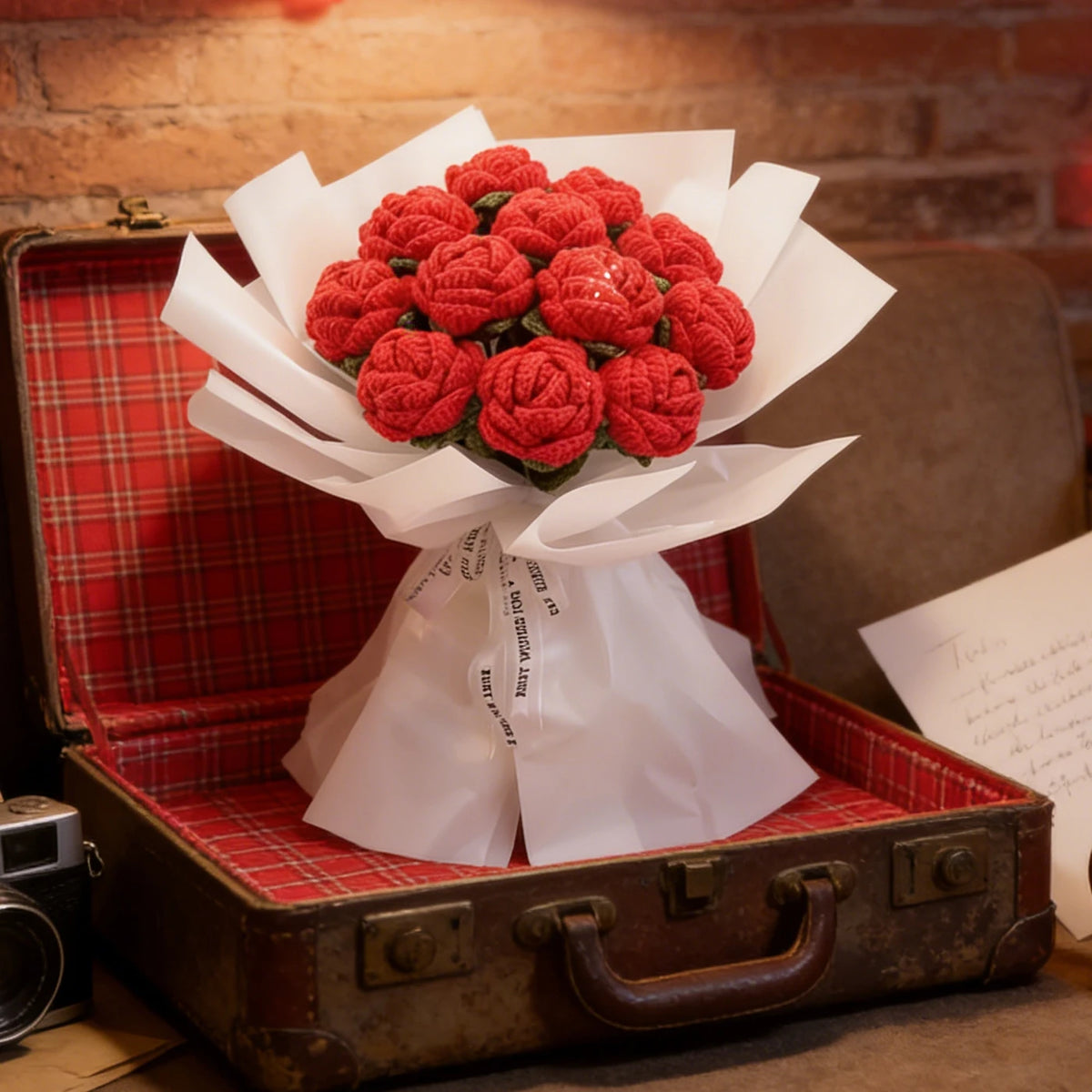 Artificial Flower Handmade Crochet Yarn Rose Outdoor Garden Valentine's Wedding Bridal Bouquet Home Room DIY Gift Box Accessory