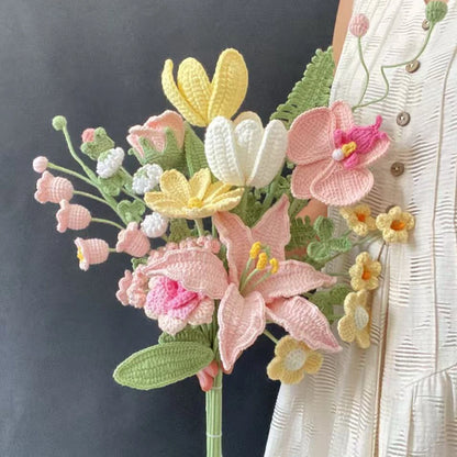 Crochet Flowers Bouquet Handmade Luxury Artifical Flowers Peony Tulip Rose Fake Flowers Wedding Home Decoration Gifts for Lover