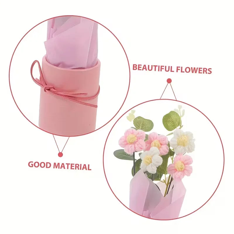 Handmade Bouquet with Pink Vase Including 5 Crocheted Flowers, Fabric Wrapping Paper and Ribbon - Mother's Day, Valentine's Day