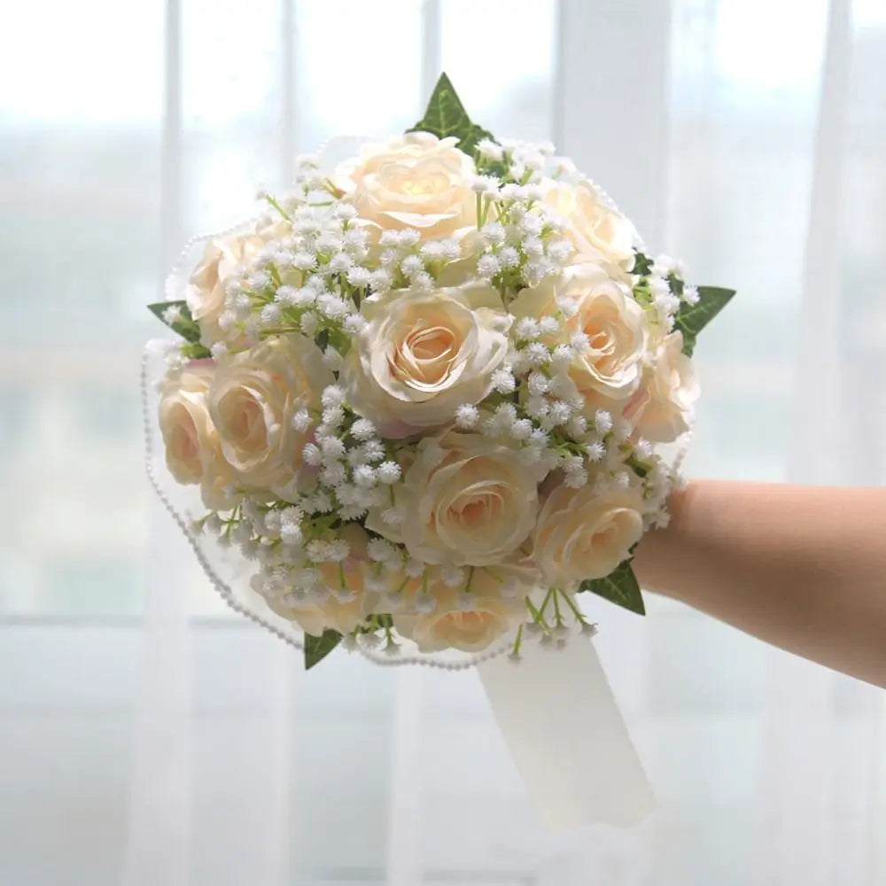 Baby's Breath Romantic Wedding Bouquets Artificial Silk Flowers Exquisite Bridal Bouquet Ribbon Pearl Lace White Rose Bouquet