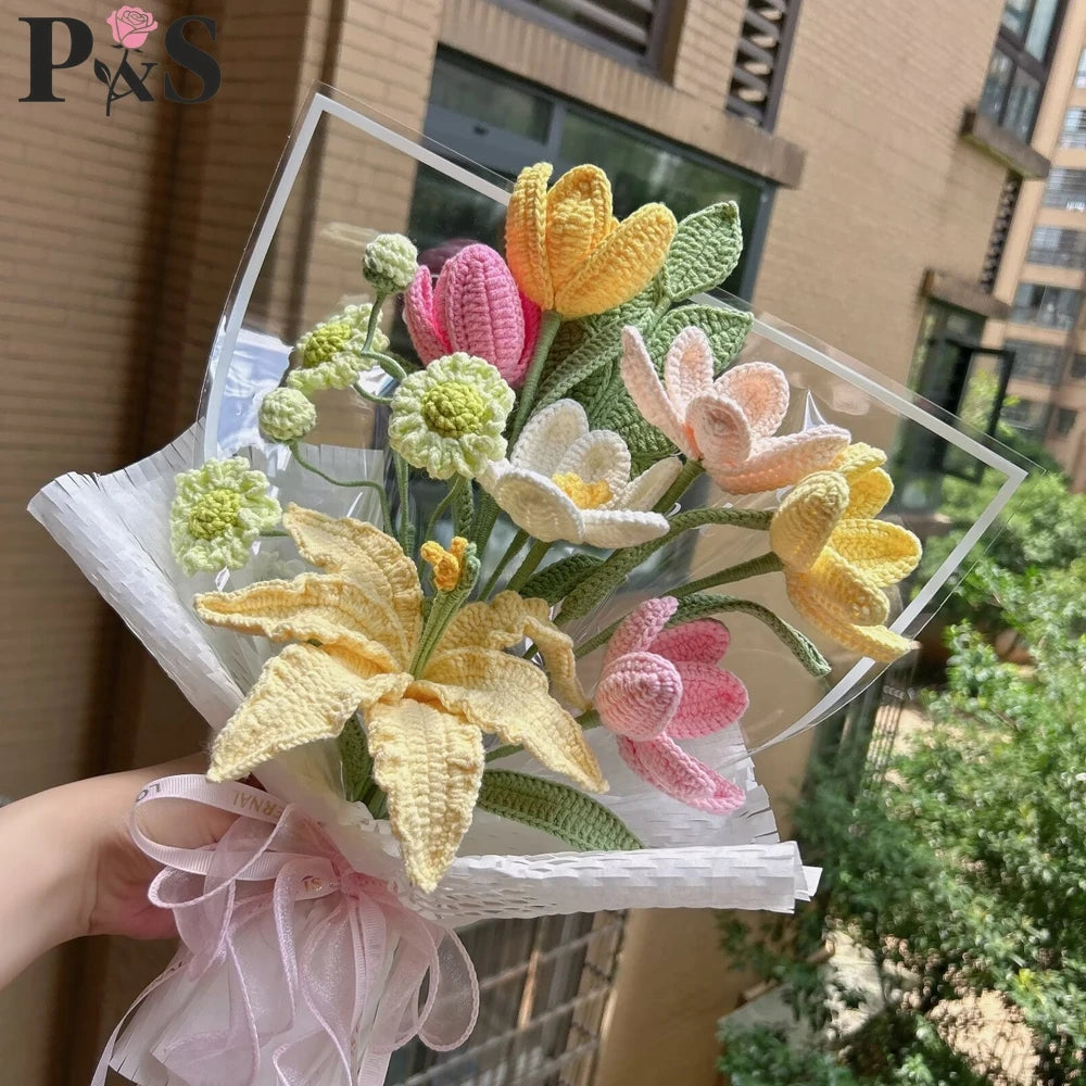 Crochet Flower Bouquet Handmade Knitted Lily Tulip Hyacinth Purple Artifical Flower Home Decoration Gifts for Birthday Wedding