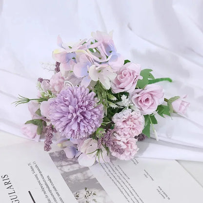 Artificial Flowers Rose Wedding Bouquet Fake Hydrangea Chrysanthemum Ball Flowers Bunch for Wedding Home Decoration Centerpieces