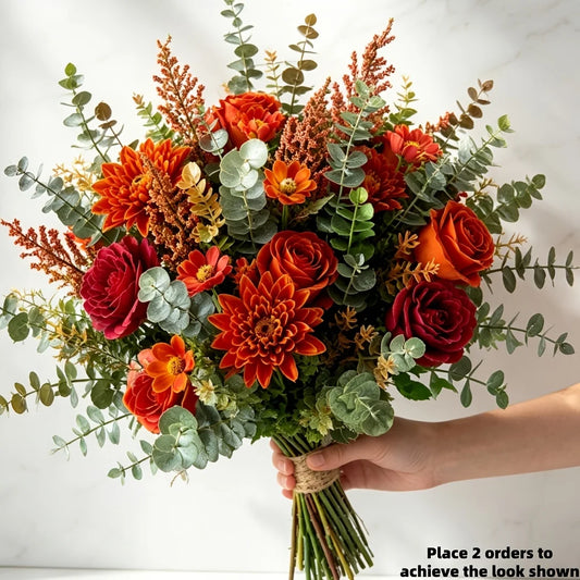 22PC Thanksgiving Autumn Color Roses Daisies Double-Petaled Flowers Eucalyptus Artificial Mixed Floral Materials for Home Decor