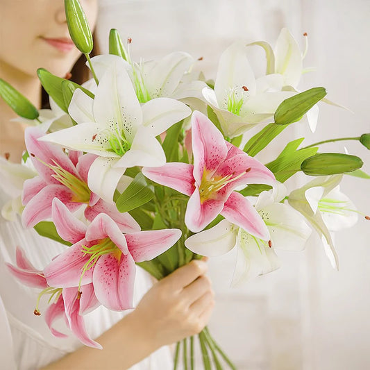 Artificial Silk Flowers Fake Lily Bouquet 41cm Long DIY Creative Two Flowers One Bud Branch Home Decoration Arrangement Flower