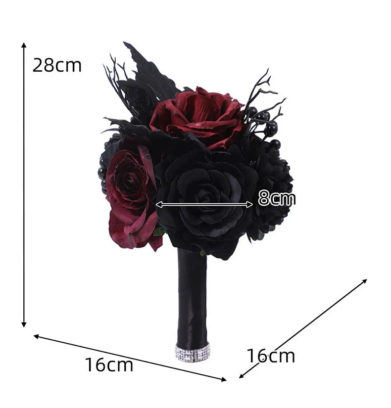 Yannew Black Burgundy Gothic Bridal Bouquets for Bride Bridesmaids Artifiicial Silk Foam Roses Flower Wedding Bouquet Halloween