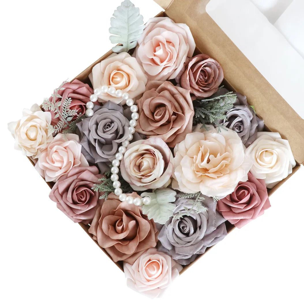 Yannew Terracotta Artificial Flowers Combo Box for DIY Wedding Bridal Bouquets Champagne Flower with Stem Arrangement Cake Decor