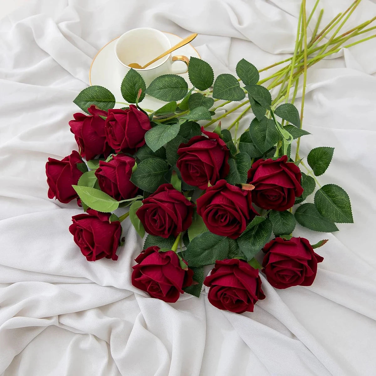 10pcs Artificial Flowers Silk Roses Long Branch Valentine's Day Bridal Bouquets Wedding Home Vase Table Decorations DIY Gift Box