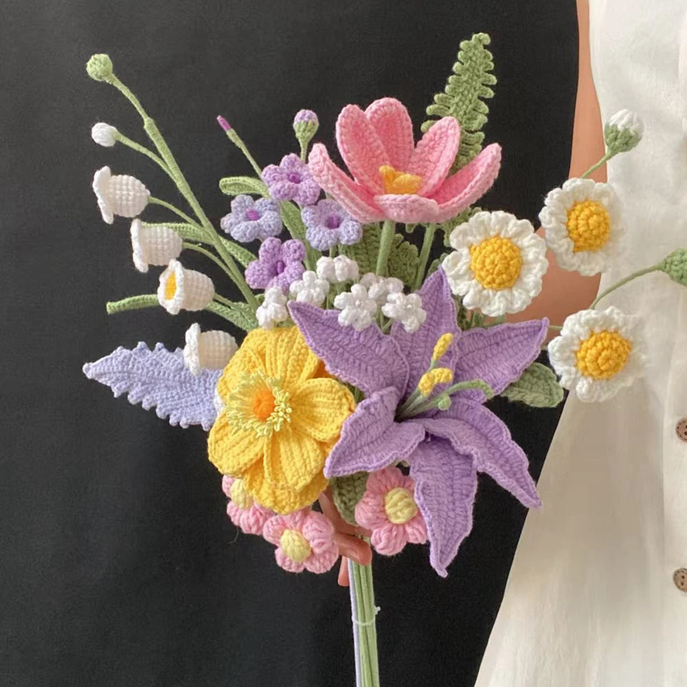 Crochet Flowers Bouquet Handmade Luxury Artifical Flowers Peony Tulip Rose Fake Flowers Wedding Home Decoration Gifts for Lover