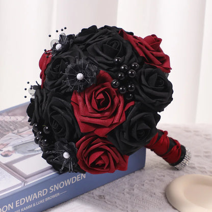 Yannew Black Burgundy Gothic Bridal Bouquets for Bride Bridesmaids Artifiicial Silk Foam Roses Flower Wedding Bouquet Halloween