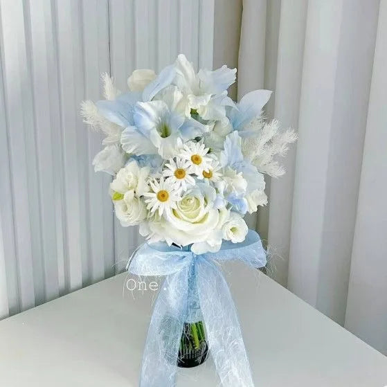 Korean Style Artificial Bridal Hand Bouquet, Tulip Mixed Flower with Ribbon for Wedding Photoshoot, Registry & Party Decor Props