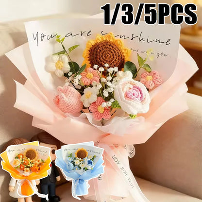 Valentine’s Day Crochet Rose Bouquet Finished Knitted Flowers Realistic Artificial Roses Birthday Gift for Mom Loved Ones