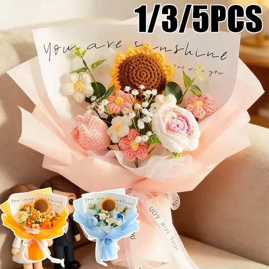 Valentine’s Day Crochet Rose Bouquet Finished Knitted Flowers Realistic Artificial Roses Birthday Gift for Mom Loved Ones