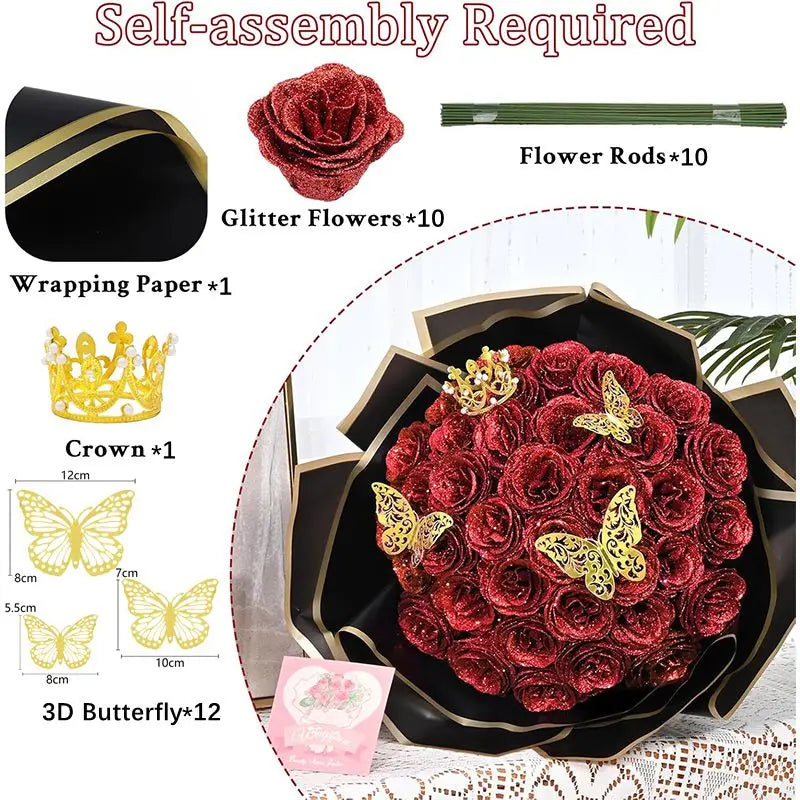 10Pcs/set Red Glitter Roses Bouquet DIY Gift Set Artificial Flower for Valentines Mother's Day Gift Home Wedding Decoration
