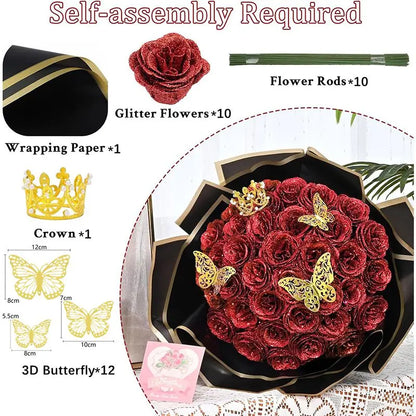 10Pcs/set Red Glitter Roses Bouquet DIY Gift Set Artificial Flower for Valentines Mother's Day Gift Home Wedding Decoration
