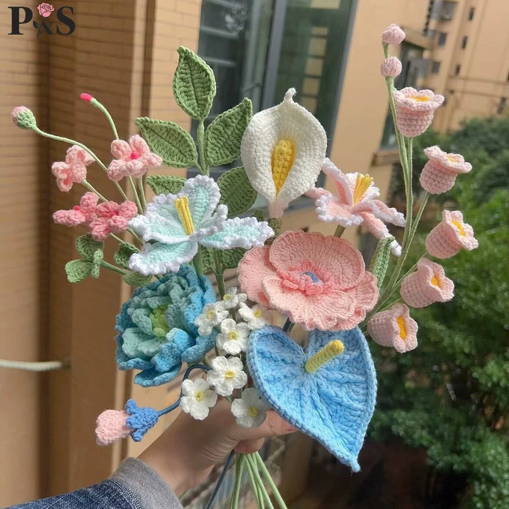 Crochet Flowers Bouquet Handmade Luxury Artifical Flowers Peony Tulip Rose Fake Flowers Wedding Home Decoration Gifts for Lover